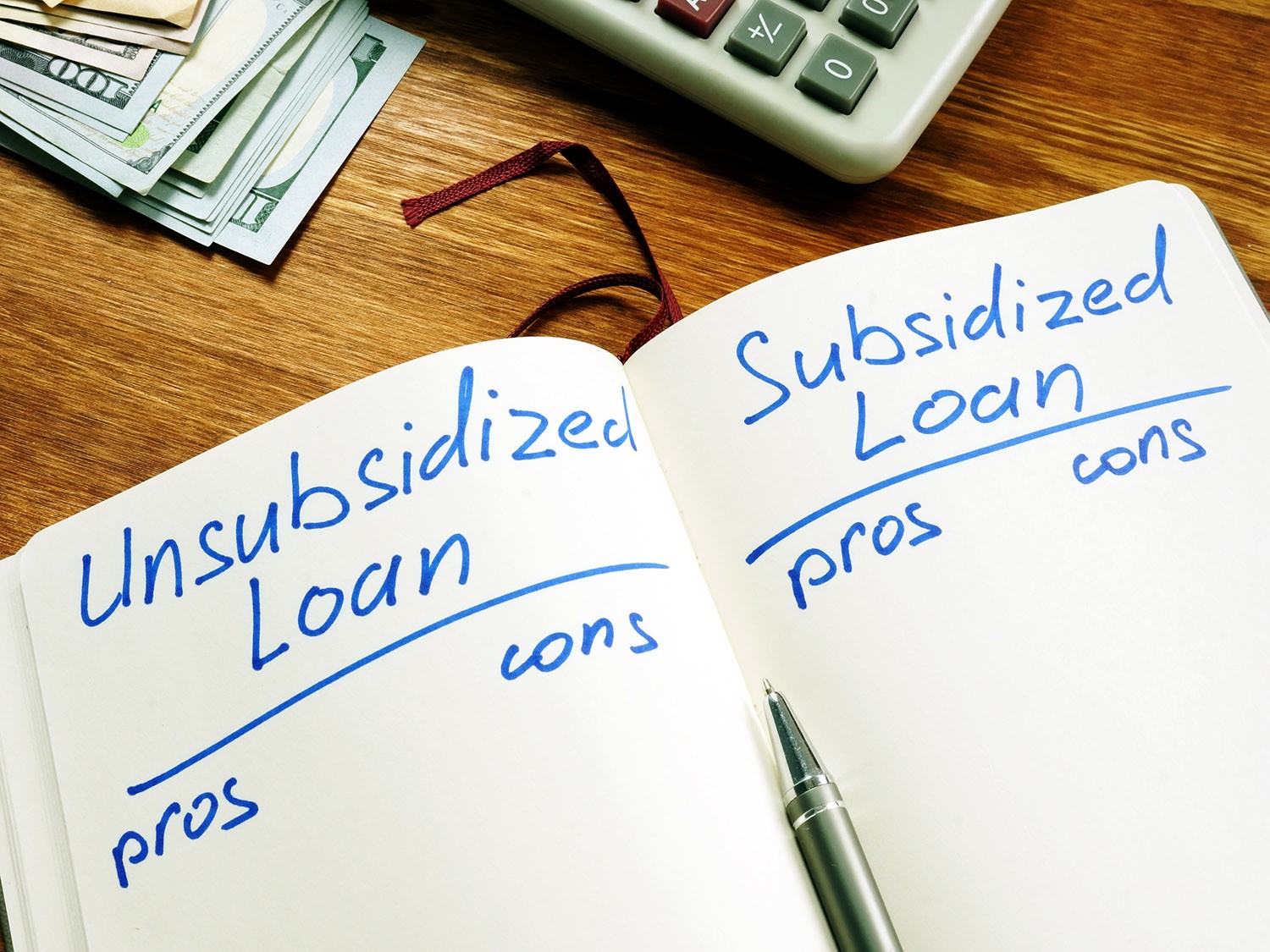 Notebook listing pros and cons of unsubsidized and subsidized loans.