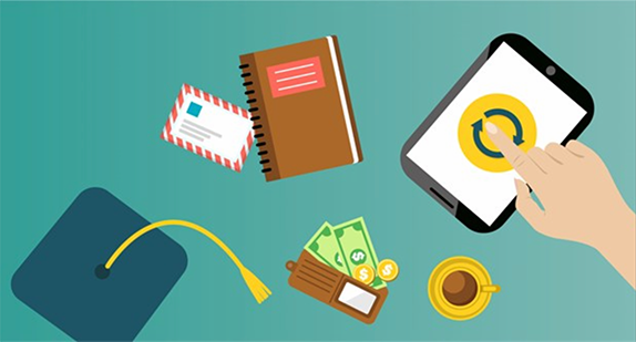 Cartoon graphic depicting the financial aid lifecycle by showing a hand touching a computer device to start the lifecycle, cash in a wallet to represent payments, a graduation hat, and a planner with an ID card.
