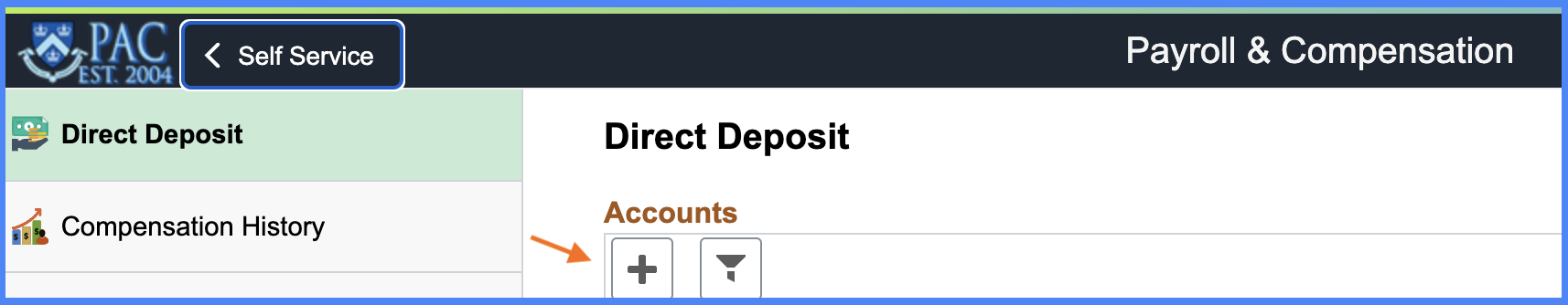 Image of location of Add Account button in Payroll & Compensation section of PAC website.