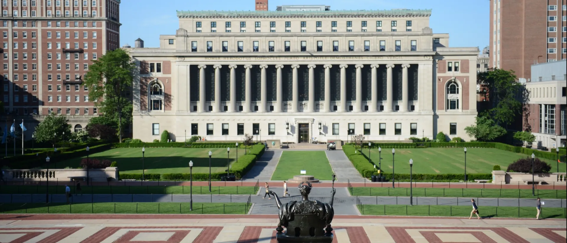 Image of Alma Mater statue facing Butler Library. 
