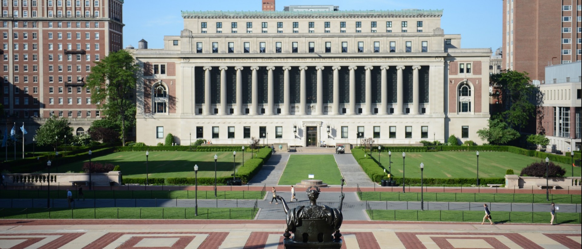 Image of Alma Mater statue facing Butler Library. 