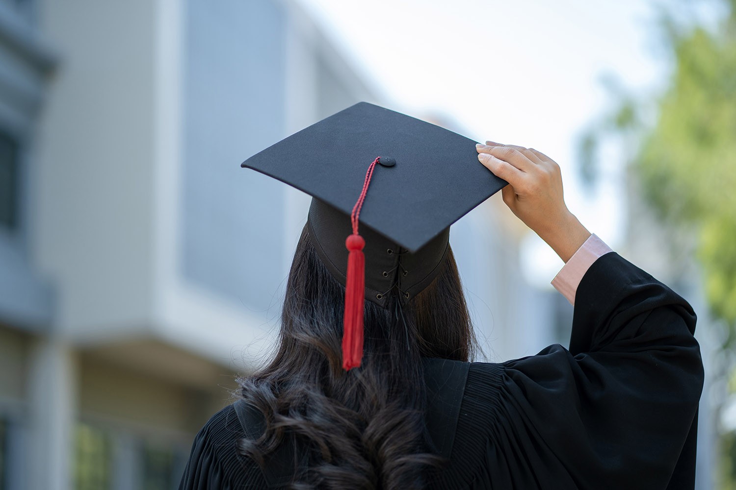 View of student from the back wearing graduation cap and gown. 