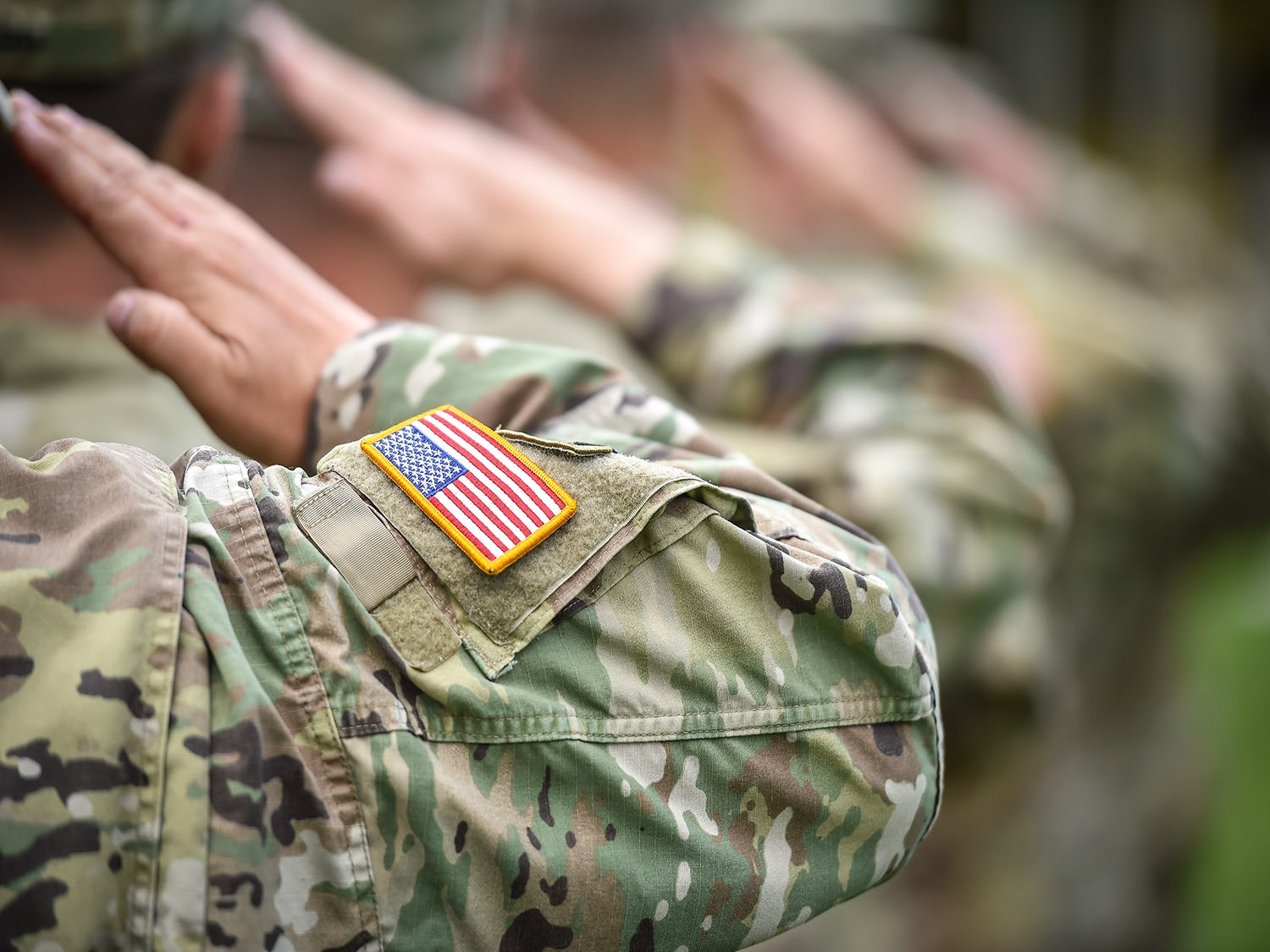 Image of a line of servicemembers in uniform performing a salute. 